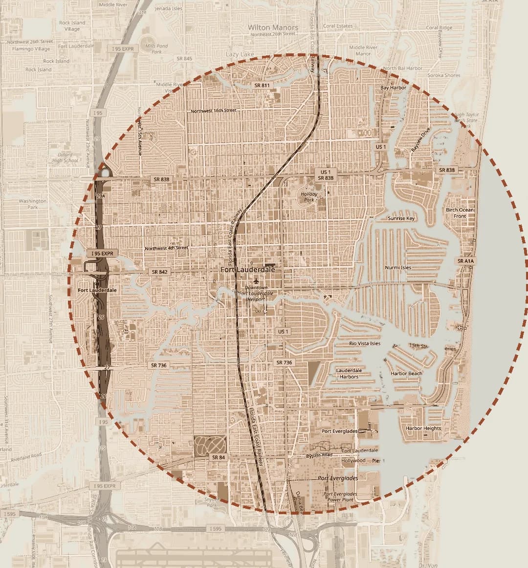 Map of the area within 2.5 miles of downtown Fort Lauderdale, from Middle River in the north to Port Everglades in the south
