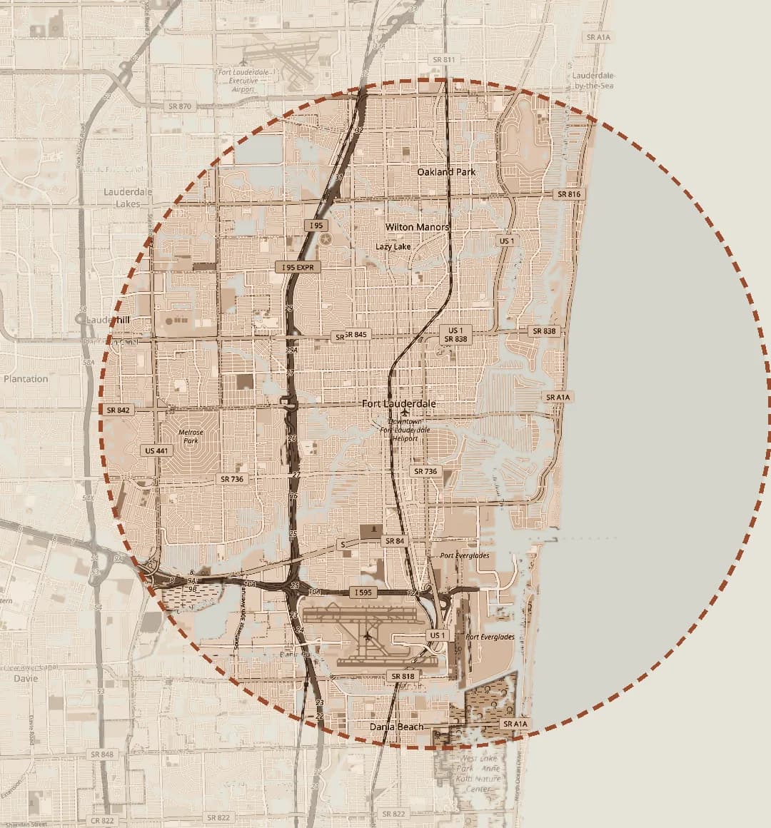 Map of the area within 5 miles of downtown Fort Lauderdale, from Oakland Park in the north to Dania Beach in the south